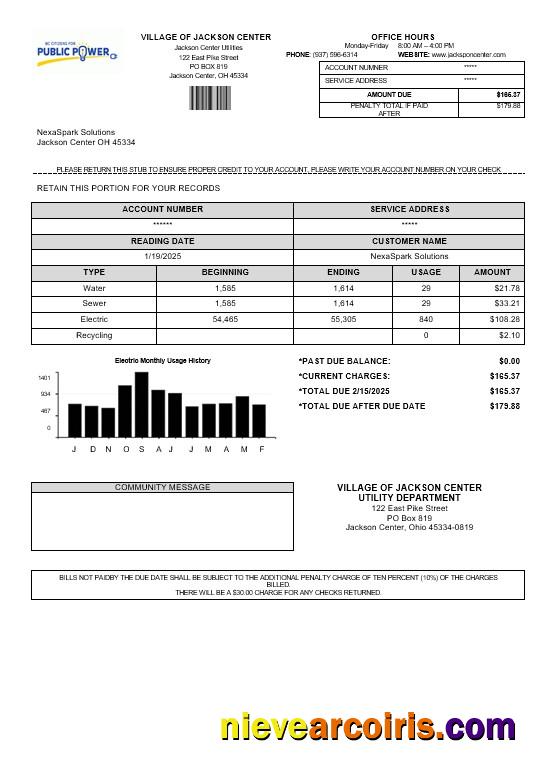 USA Ohio Village of Jackson Center Public Power business utility bill
